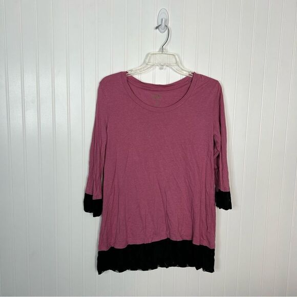 LOGO By Lori Goldstein Top XS Pink Black Lace Trim Tunic Stretch A202822 - Picture 1 of 6